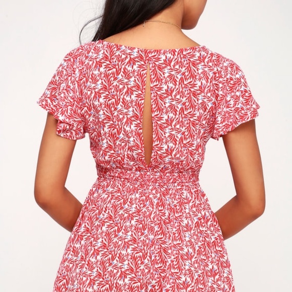 Lulus Dondi Red And White Print Tie-front Short Sleeve Romper - Size S - Picture 3 of 5